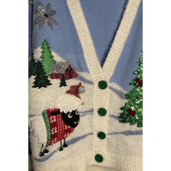33 Degrees Sweater Cardigan Christmas Large Sheep Sequins Tree Cabin Poinsettia - Picture 4 of 9